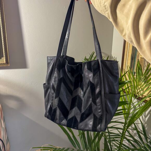 Lucky Brand Handbags - Lucky Brand Black Leather Chevron Haircalf Tote Bag Shoulder Bag